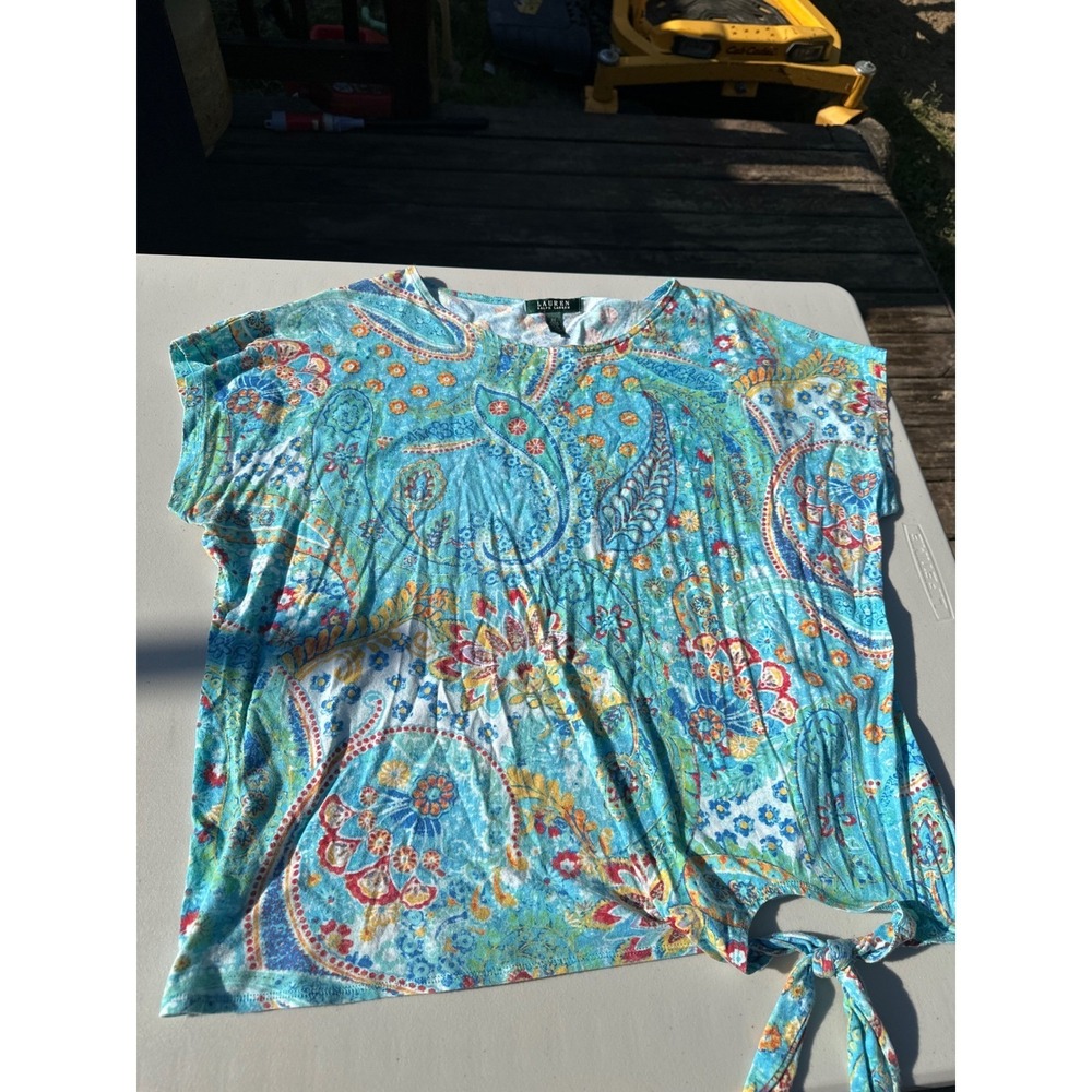Lauren Ralph Lauren Blue Paisley Floral Side Tie Top Womens 2X Short Sleeve